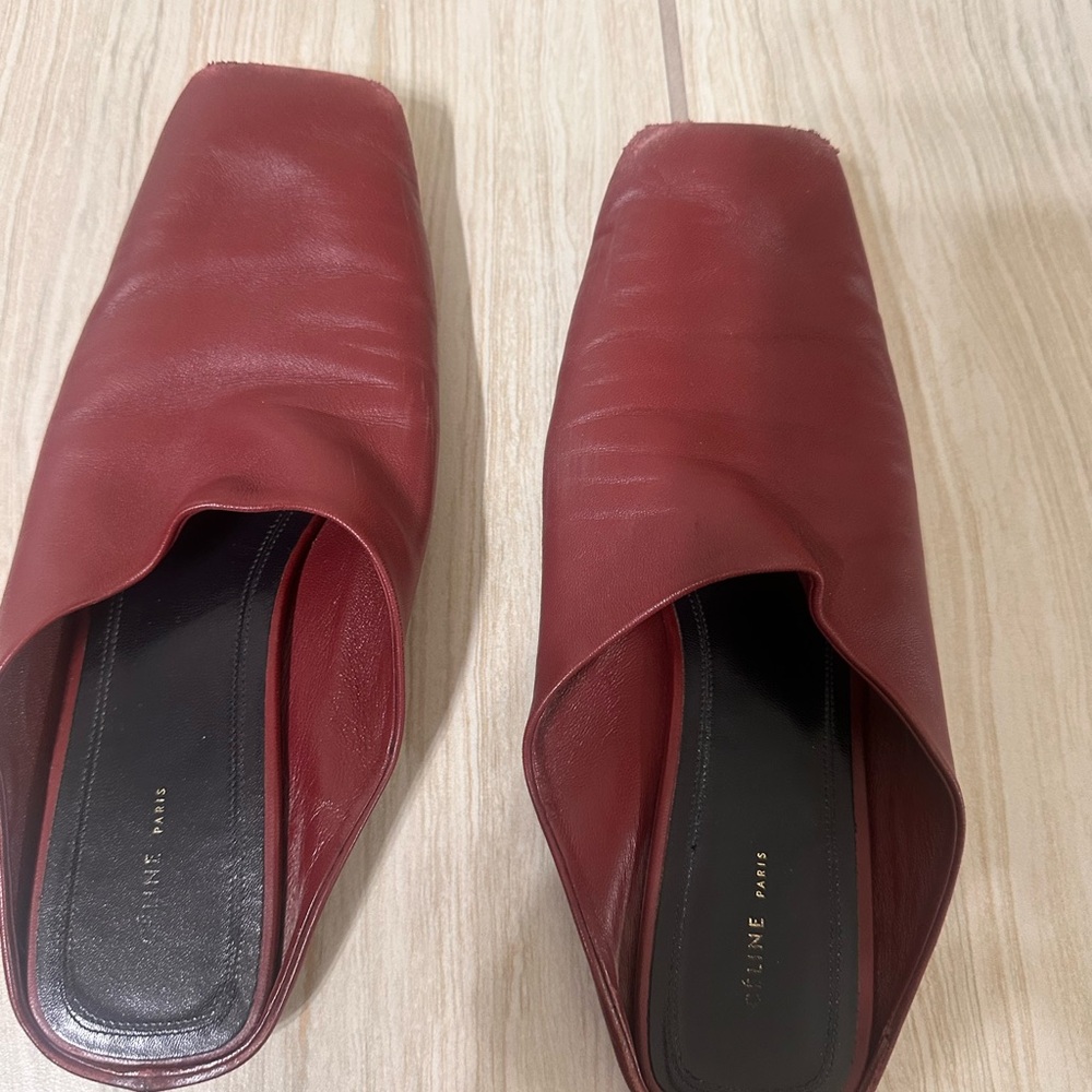 Celine Red Leather Square-Toe Mules